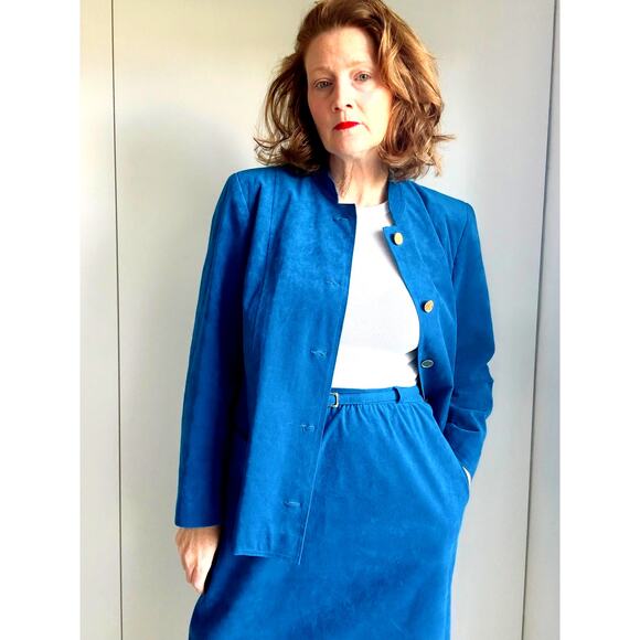 Vintage 80s Ultra Suede Womens Suit Blue Union Made Skirt/Blazer Set Size Large - Picture 12 of 13